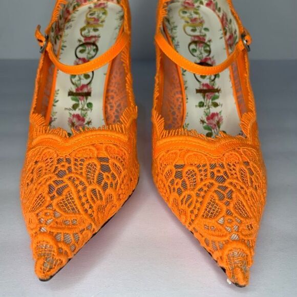 Gucci Virginia Lace Pumps Neon Orange EU 40 US 10 Mary Jane Lace Heels - Picture 4 of 11